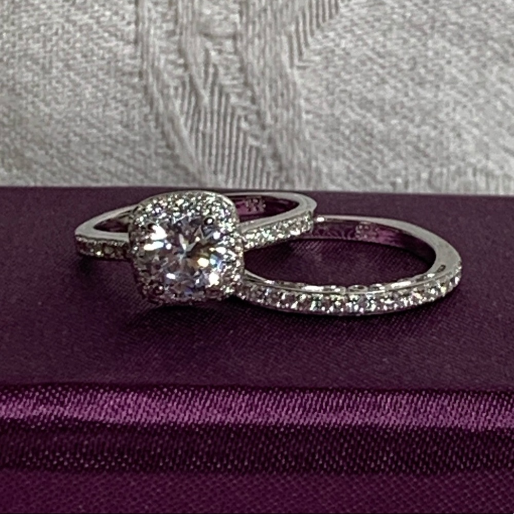 Bridal Set-CZ Diamond Halo Design 925 Silver - Picture 3 of 11
